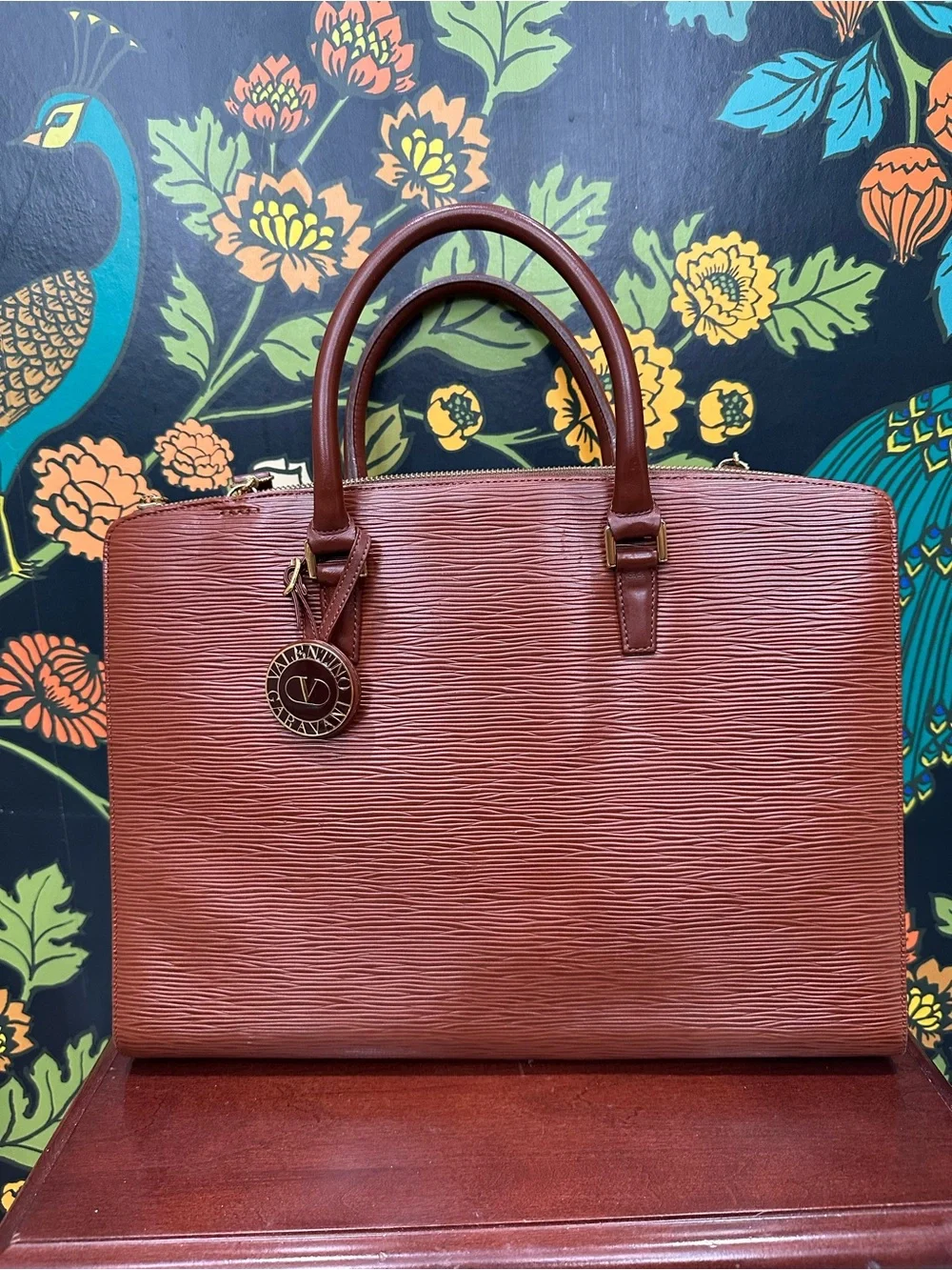 Valentino Garavani Chestnut Brown Textured Leather Laptop Tote